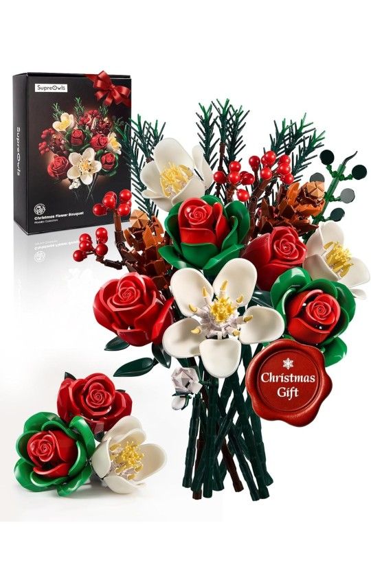 Christmas Flower Bouquet Building Set 2025, Artificial Roses Botanical Collection for Adults - Gift for Christmas & Valentines Day - Home