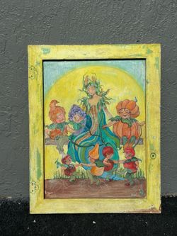 Vintage Whimsical Harvest Lady Vegetable Children Folk Art Hand Painted Panel