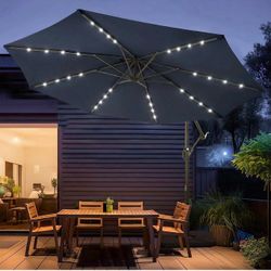 10ft Solar LED Patio Umbrella with Base Included, Offset Umbrella with Weighted Sandbag Base, Cantilever Patio Umbrella for Backyard, Garden & Deck, 3