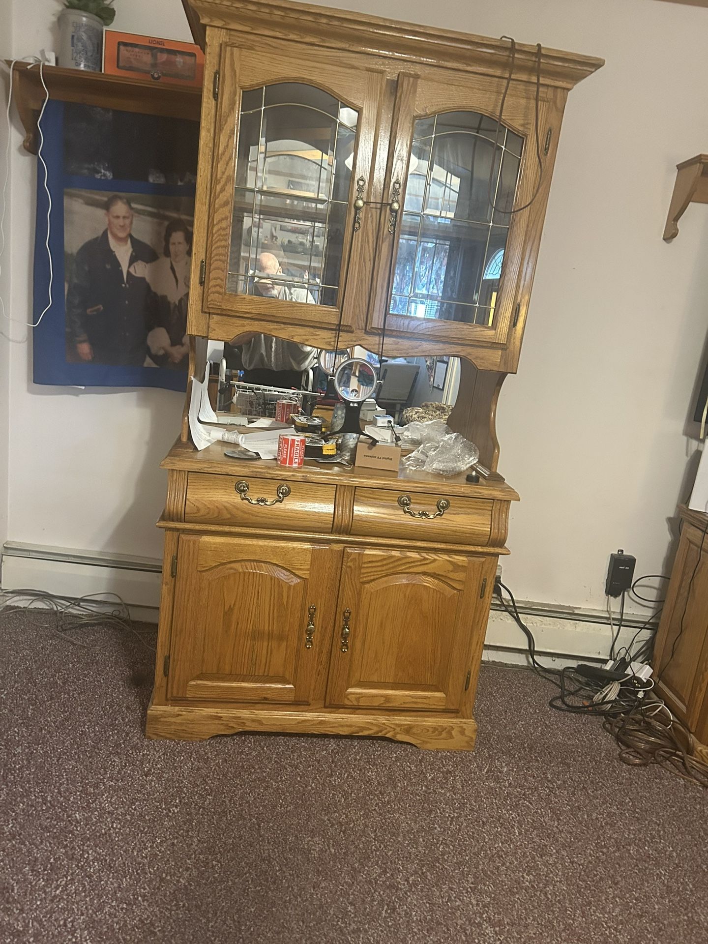 Oak Wood Bevill Glass Display Hutch / Cabinet w/ Storage Drawers and Doors