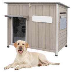 New-Dog House Outdoor Weatherproof & Wooden Dog Kennel with Chew-Proof Iron Frame，Removable Floor, Adjustable Vent Window, Easy Assembly for Medium Do