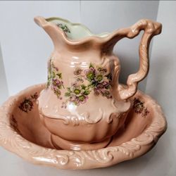 Vintage Victorian Edwardian Revival Pitcher & Basin Set- Peach Floral - Ornate Scalloped Edge
