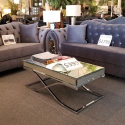 Brand New Grey Or Navy Velvet Modern Sofa + Loveseat 2PCs Set