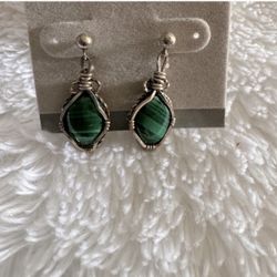 Estate: Vintage Handmade Silver & Malachite Drop Pierced Earrings