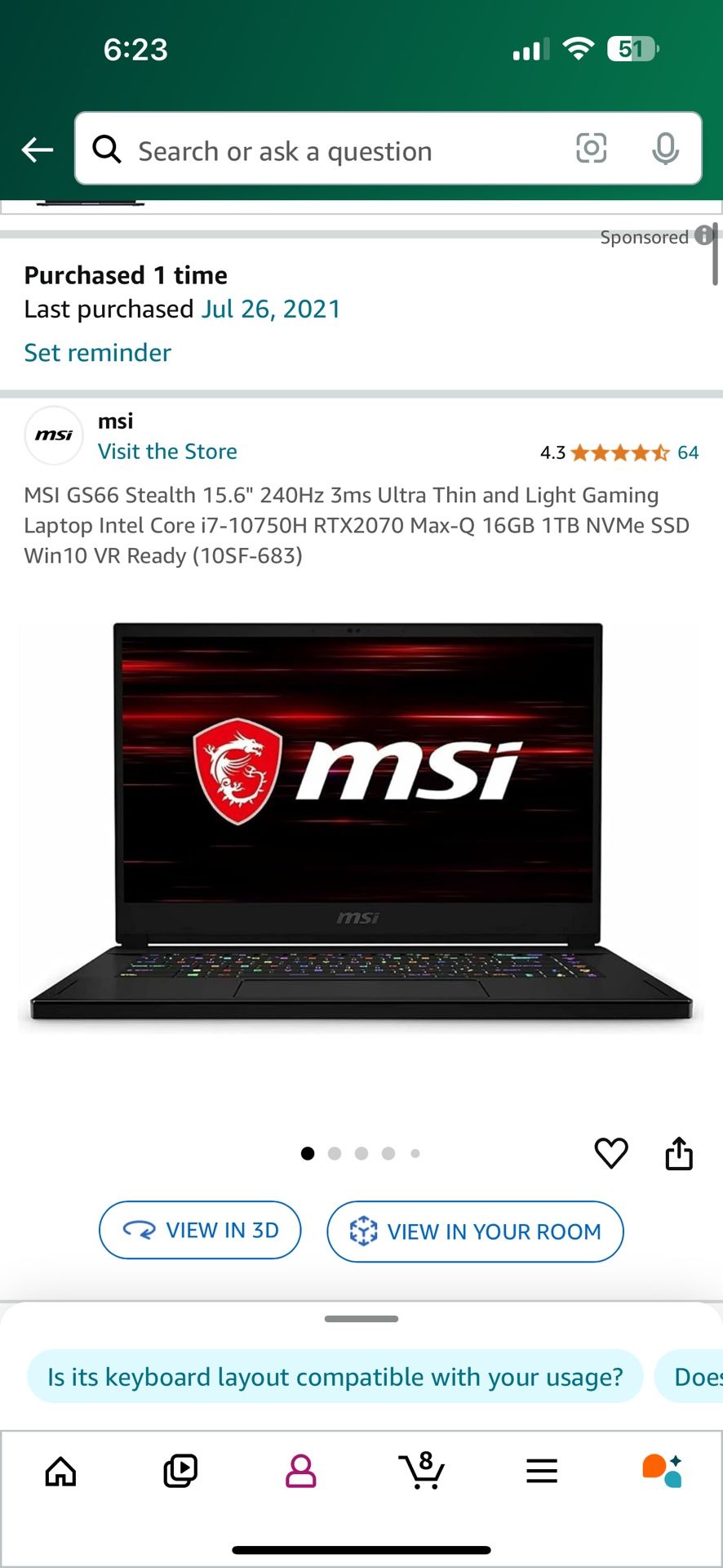 MSI GS66 Laptop 240Hz i7-10750 RTX2070