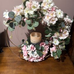 12” gold metal hoop with decorated artificial flowers and batteries operated candle for decoration or centerpieces, $35