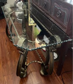 Glass top metal side table bronze