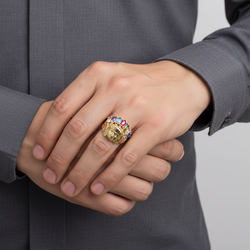 10K Yellow Gold Multi Color CZ Native American Head Ring