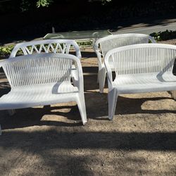 Plastic Outdoor Stackable Loveseat, Chairs, Two Person Outdoor Chairs $15 Each