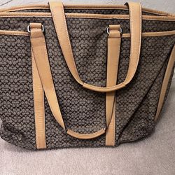 Women Bag, Coach, Tote, Beige With Brown, Large