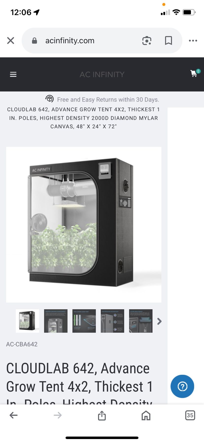 CLOUDLAB 642, Advance Grow Tent 4x2, Thickest 1 In. Poles, Highest Density 2000D Diamond Mylar Canvas, 48" x 24" x 72"