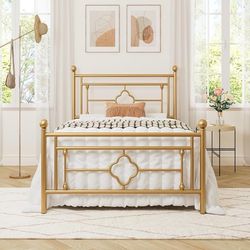 Twin Size Metal Platform Bed Frame with Victorian Vintage Headboard and Footboard/Mattress Foundation/Under Bed Storage/No Box Spring Needed/Noise-Fre