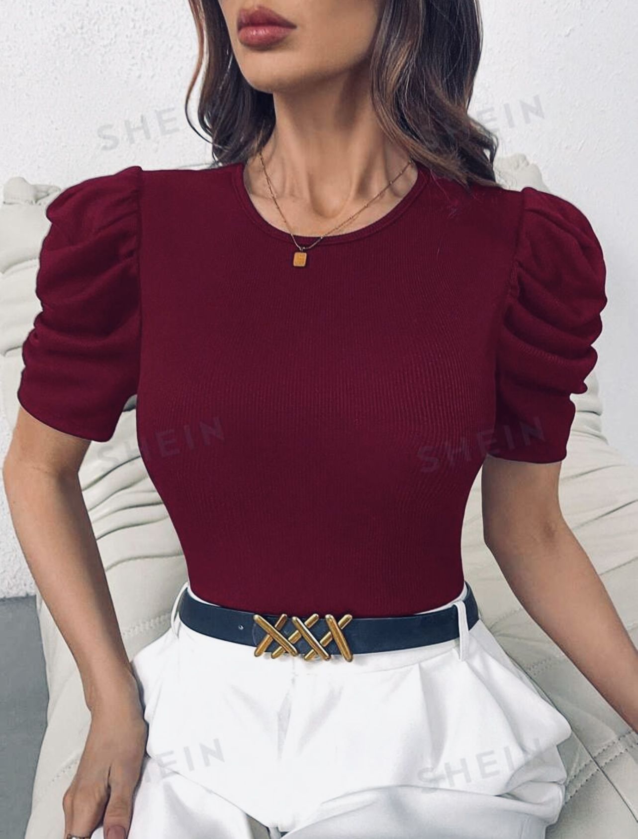 Bodysuit style blouse with sleeves, burgundy color, Size S/M