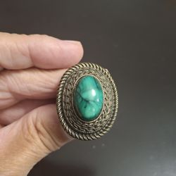 Vintage Costume Jewelry Ring Oval Faux Turquoise Green Size 6-8 Adjustable 