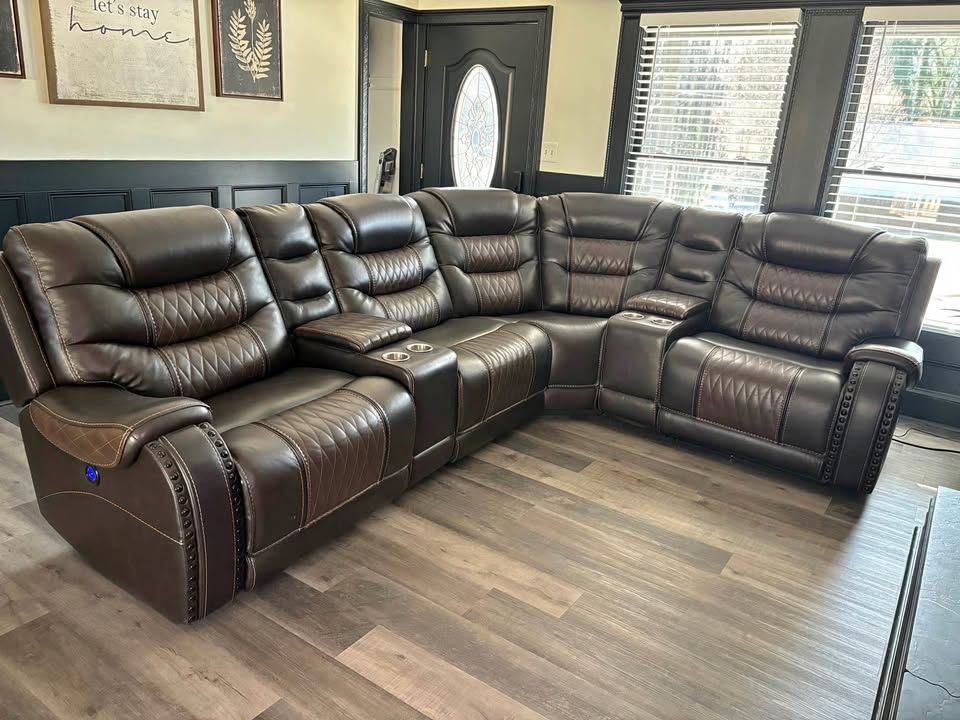 😍 Brand New Brown Two Tone Premium Leather Recliner Sectional Sofa W/ Cup Holders | Pay After Delivery 
