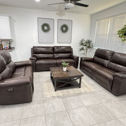 Dark Brown  Power Reclining Leather Couch Set