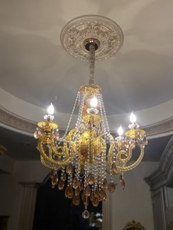 European Imprt Vintage Gilded Ombre Amber Ornate Glass Chandelier Lighting