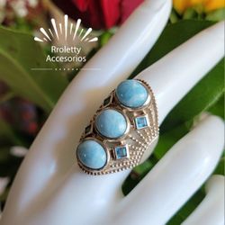 Sterling Silver 925 Ring With Larimar And Crystal Stone.