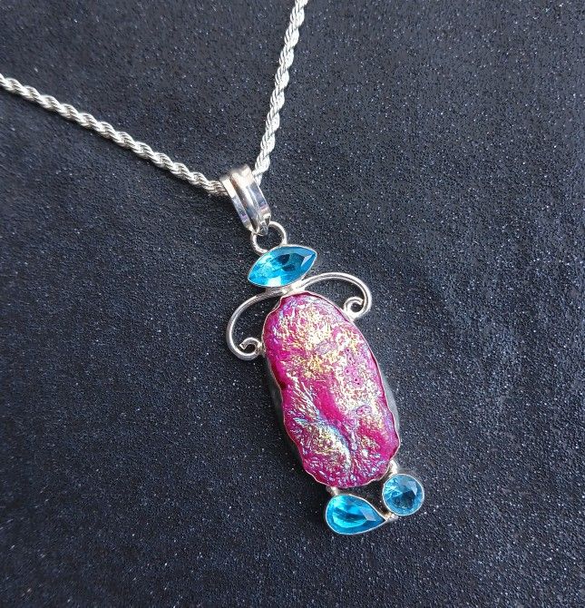 Sterling silver pink druzy and blue topaz necklace new