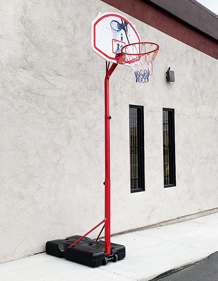(NEW) $75 Basketball Hoop w/ Stand Wheels, Backboard 32”x23”, Adjustable Rim Height 6’ to 8’