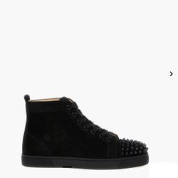 Black Christian louboutin, 'Lou Spikes Flat' suede sneakers with tonal studs on the toe, side metal logo, Size 9.5