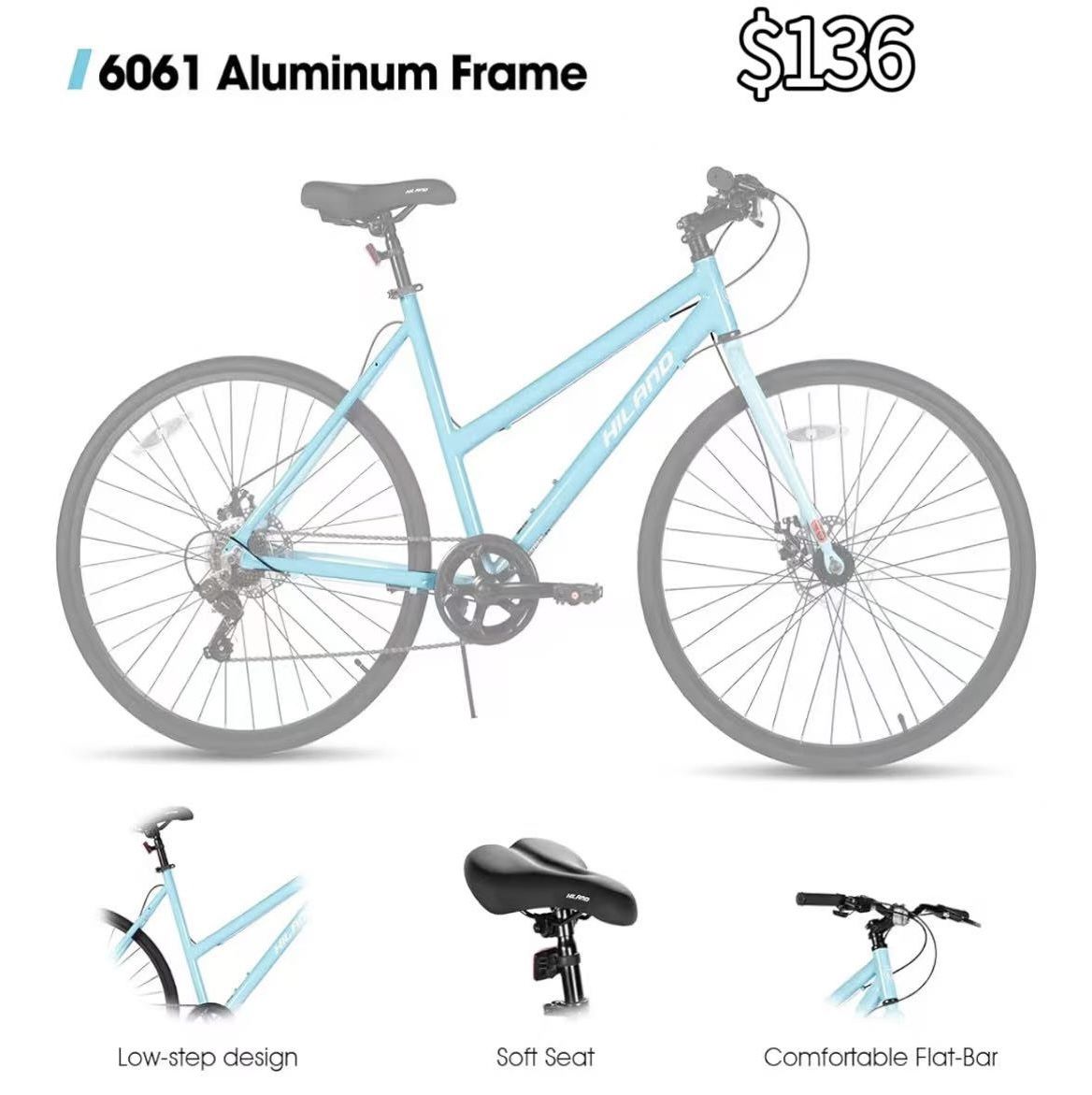 😀 HILAND 700C Road Hybrid Bike, 7 speeds Bikes Urban City Commuter Bicycle with Disc Brake for Men Women Adult Comfortable Bicycle