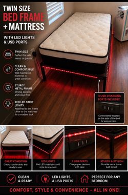 Twin Size Metal Bed Frame with Mattress and LED Lights