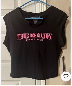 True Religion Women's Black Logo T-Shirt Size M Cotton Knit V-Neck Cap Sleeve