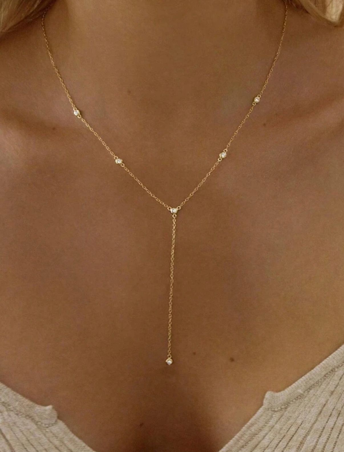 Elegant Lariat Necklace, Dainty Layered Gold Long Necklaces 14k Gold Plated Beaded Bar CZ Drop Necklace Simple Gold Y Choker