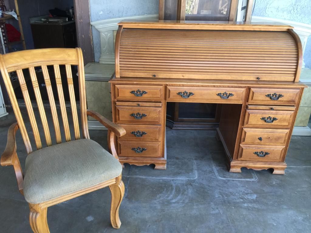 Vintage Solid Oak Wood Secretary Desk With Roll Top, Storage, Brown
