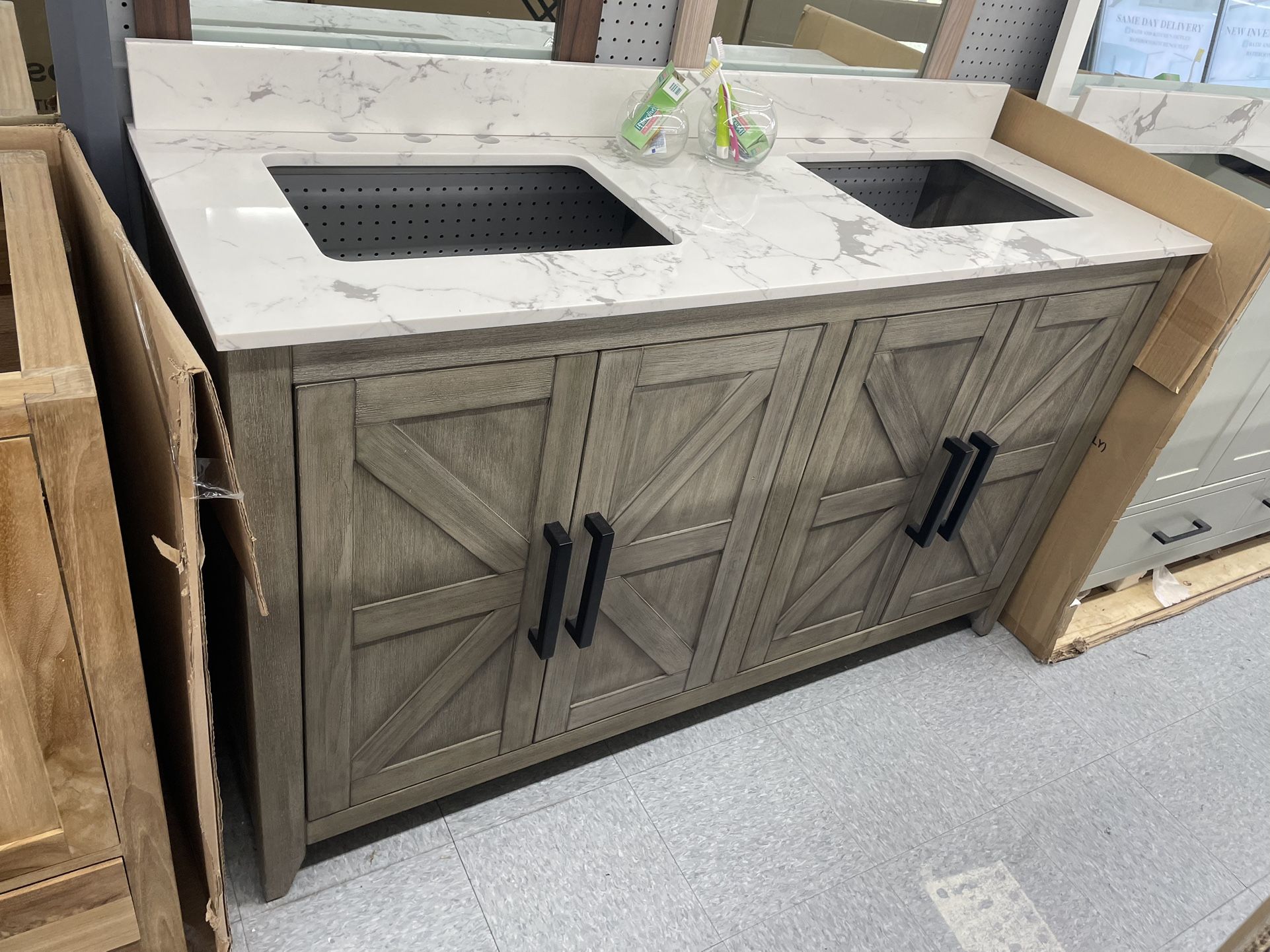 Bathroom Vanity Cabinet 60” Solid Mango Quartz Top With Sink And Backsplash