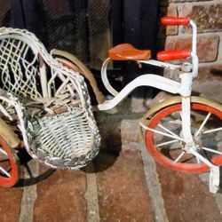 
Antique Doll, Plant, Bicycle 3-Wheel With Wicker Sidecar