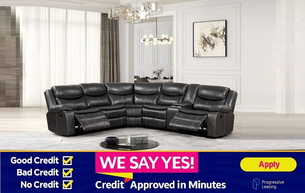 NO CREDIT NEEDED FINANCE - Dark Grey Breathable Leatherette Couch Sofa Recliner W/ Cup Holders
