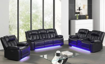 NEW! 3PC Hilton Black Power Recliner Sofa Set w/ LED Lights 