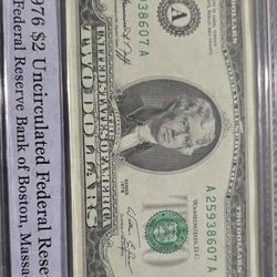 1976 2.00 Uncirculated Frederal Reserve Note. Mint In Holder. 