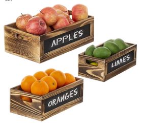 SET OF 3 Rustic Burnt Wood Nesting Storage Bins with Chalkboard Panel and Cutout Handles, Decorative Farmhous