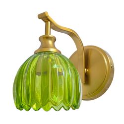 Vintage Wall Light Brass Gold with  Green Tulip Glass Shade 