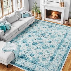 Zentavio 6x9 Washable Area Rugs, Vintage Non-Slip Floral Living Room Rug, Indoor Foldable Floor Thin Low Pile Carpet for Farmhouse Bedroom Dining Roo