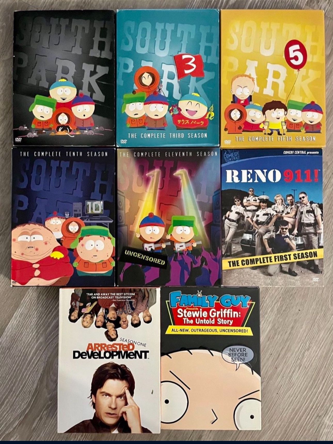 Lot of 8 different seasons from 4 different comedy shows in random seasons. South Park season 1, 3, 5, 10 & 11. Reno 911 Season1, Arrested Development