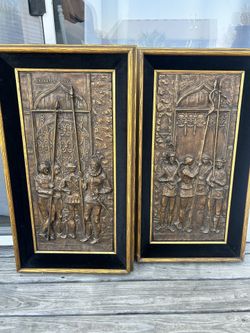  Large Antique Frames With 3D Art Soldiers Black Velvet Boarders Set Of 2 