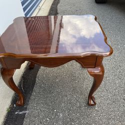Wooden End Table , Needs Refinishing  21 1/4” wide  26 1/4” deep  21 1/4” tall 