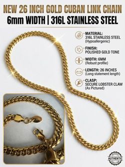 NEW 26 Inch Gold Curb / Cuban Link Chain 6mm – 316L Stainless Steel Necklace