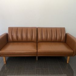 Cute Caramel Faux Leather Convertible Sofa