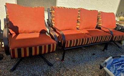 $1400 BIG ARIZONA IRON SET 2 BIG SWIVEL CLUB CHAIRS AND LOVE SEAT WITH THICK SUNBRELLA CUSHIONS WITH POWDER COATED