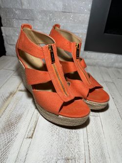 Michael Kors Orange Canvas Espadrille Wedge Sandals with Front Zipper