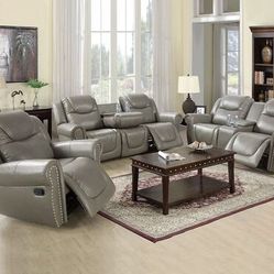 Grey Breathing Leather 3-Piece Couch Living Room Sofa Set