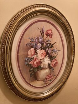 Homco home interior signed Miles Davis floral print gold oval Glass frame 24X19