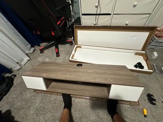 Wood and White floating tv shelves with led lights