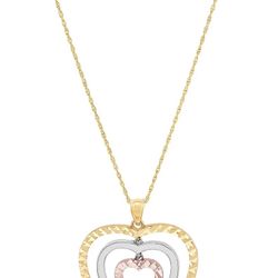 10K Tri Tone Gold Triple Open Heart Pendant, 18" NEW