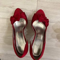 Red Open Toe Heels With Bow 